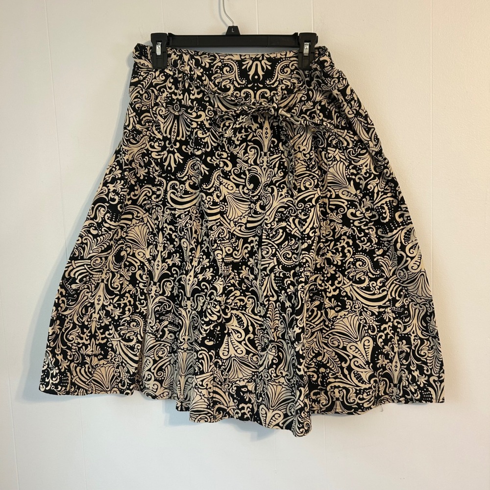 Chelsea & Theodore Black Cream Damask Scroll Cotton A-Line Midi Skirt 10‎